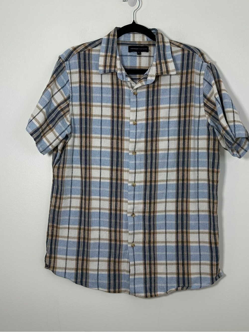Across The Pond Men’s Large Plaid Short Sleeve Button Up Shirt Blue 100% Cotton